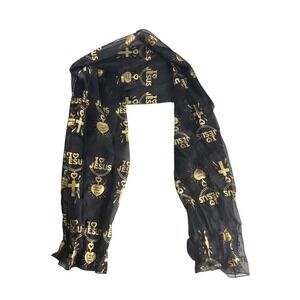 I Love‎ Jesus Religious Scarf Wrap Womens Black Gold Foil Faith Sheer Chiffon